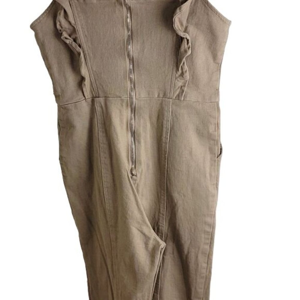 Aqua Women Beige Stretch Square Neck Back-Zip Ruffle Jumpsuit no belt XS $198 - Picture 9 of 12